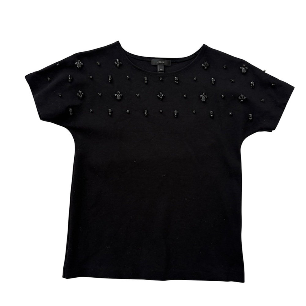 J. Crew Beaded Rhinestone Short Sleeve Top Blouse Black